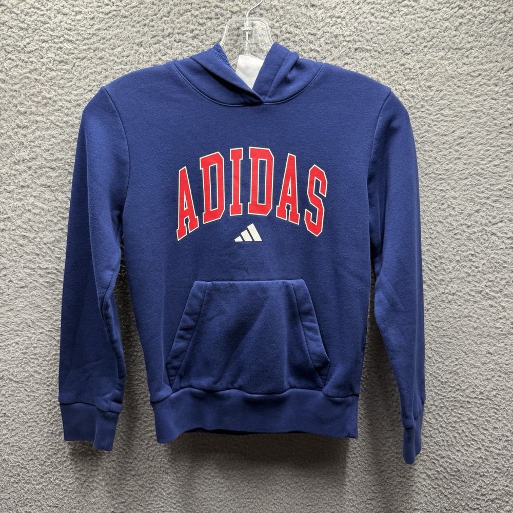 Adidas Hoodie Boy Size Small Navy Blue Graphic Logo Pullover Hoodie Boys Size S